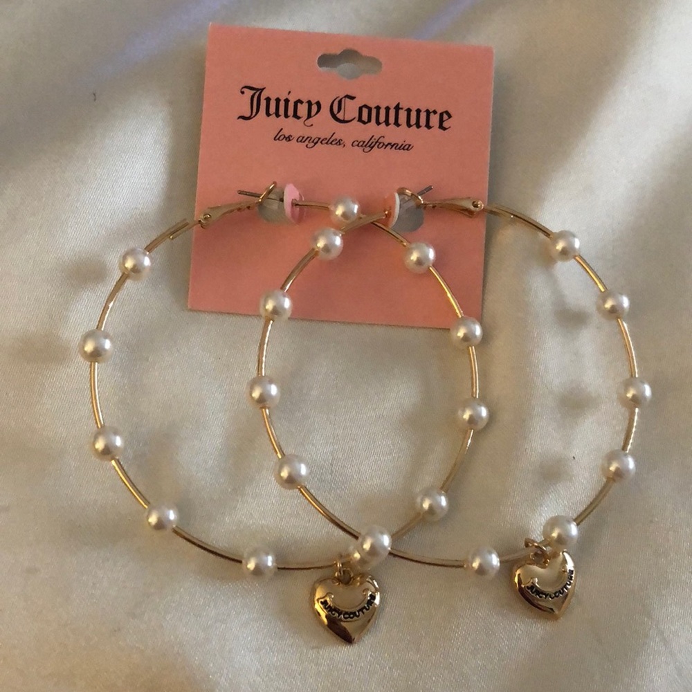 Juicy Couture Gold Tone Faux Pearl Studded Hoop Earrings Juicy Heart Charm NWT